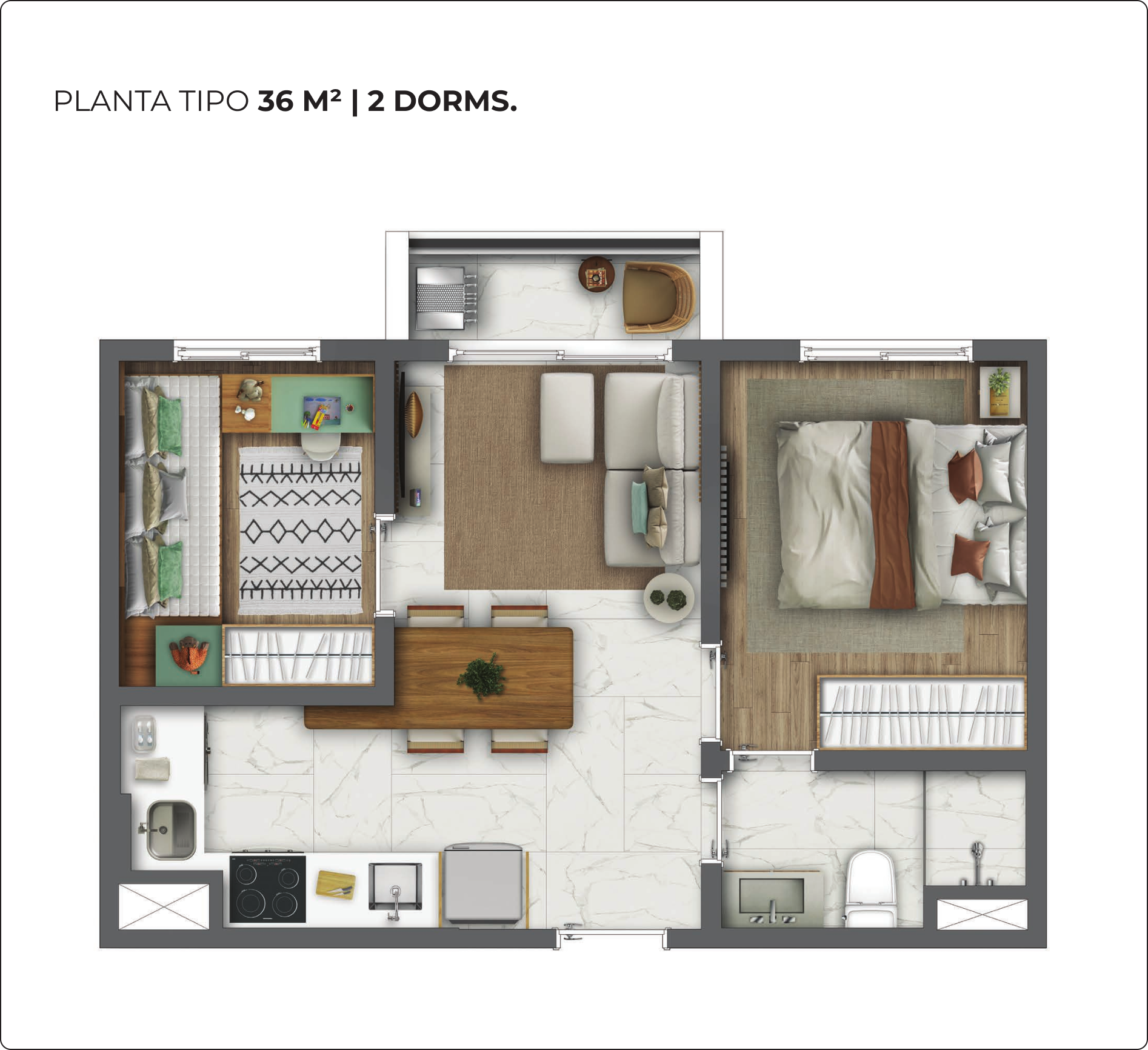 Planta tipo 36m² | 2 dorms.