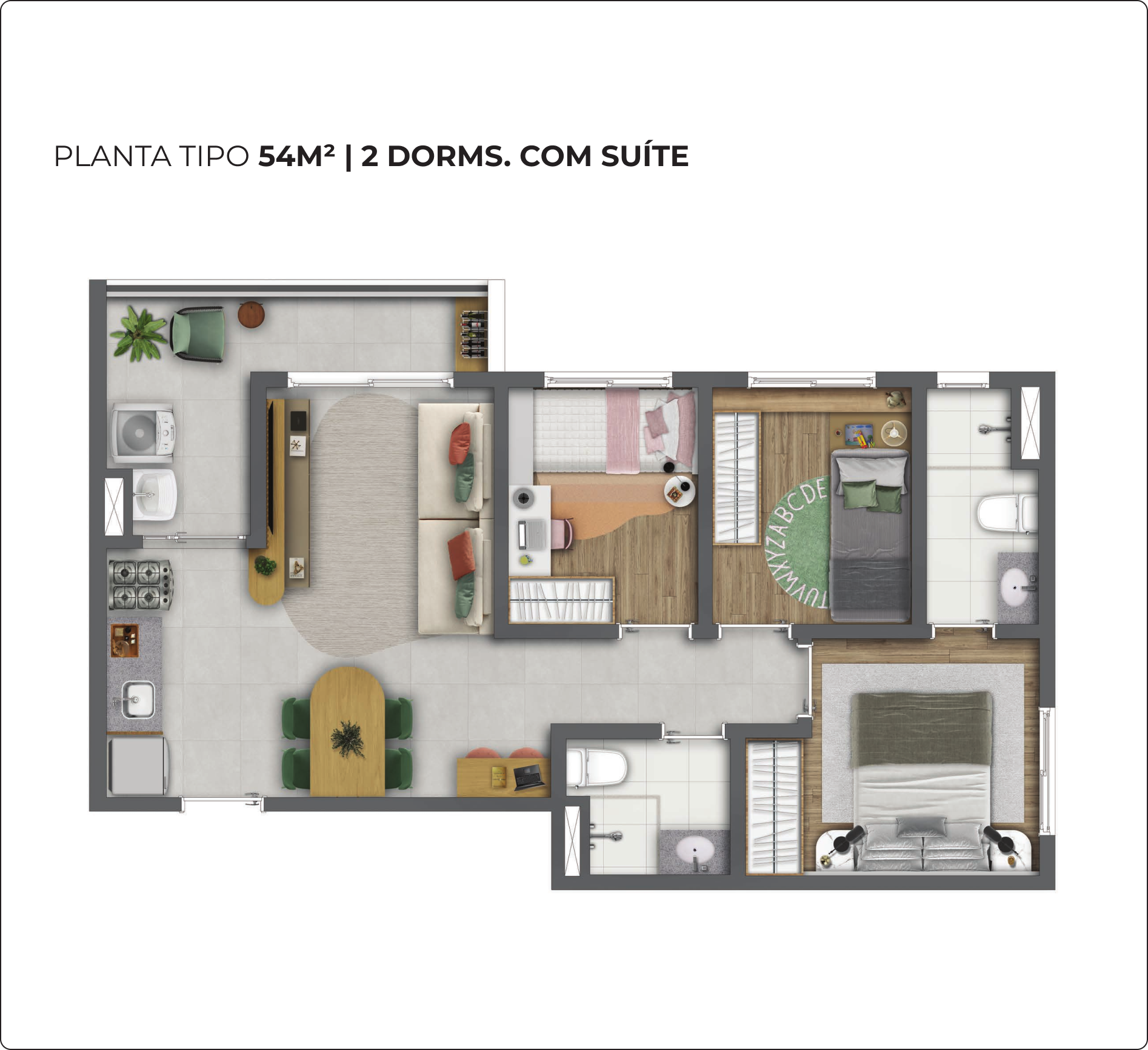 Planta tipo 54m² | 3 dorms.